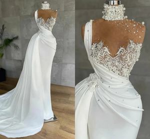 Stilvolle Perlen Brautkleider hoher Hals -Brautkleider mit abnehmbarem Zug Spitze Sweep -Zug maßgeschneiderte Braut Kleid Vestidos de Novia