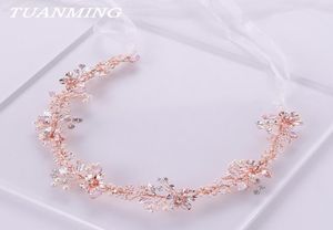 2021 Rose Gold Flower Pearl Headband Jewelry Tiara Wedding Bridal Princess Hair Crystal Bride Headdress8894990