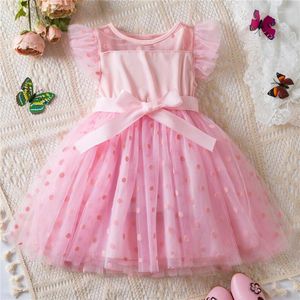 Flickklänningar flickor prickar prinsessa sommar 2024 barn ärmmesh tyll tutu födelsedagsfest klänning baby klänning med bälte 2-6 år