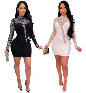 Lässige Kleider bloße Mesh Patchwork Rhein Party Club Bodycon Mini Kleid für Frauen Langarm Elegante Geburtstag Nacht sexy enge Kleider3168254