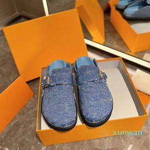 Unisex denim mysig platt komforttrockar tofflor avslappnad sommaren ser halv mulor kvinnor designer glid sandaler