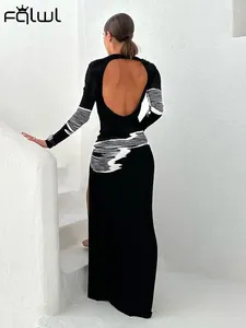 Casual Dresses Habbris Black Print Bodyocn Long Dress Party Evening For Women 2024 Fall Sleeve Split Maxi Fashion Backless