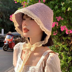 Ins Gentle Purple Lace Strap Straw Hats for Women Summer Travel Versatile Japanese Retro Fresh Sun Protection Beach Bucket Caps 240428