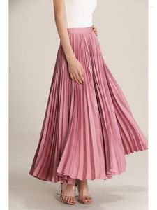 Skirts 2024 Autumn/Winter High Waist Solid Color Lotus Pink Pleated Skirt Retro Style Big Hem Ankle-length Quality Elegant