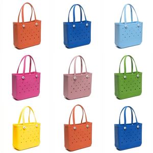 Summer bogg bag large tote bag storage bags rainbow plastic solid punched organizer basket shopping bags travel womens mix color with solid he04 a H4