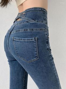 Kvinnors jeans kvinnor mager blyertsfjäder fyra knappar vintage byxor ankellängd hög midja smal stretch denim täta byxor