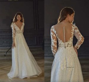 V Boyun Aplike Dantel Bir Çizgi Gelinlik Uzun Kollu Parlak Sizik Sizen Vintage Ülke İllüzyon Düğmeleri Vestidos Artı Boyutu Doğum Gelin Gowns 0509