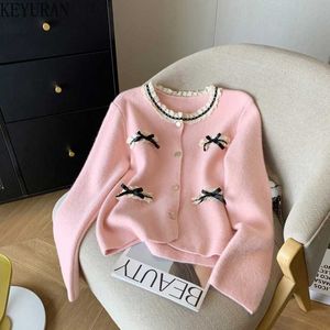 Damen Strick Tees Bowtie Cardigan Pullover für Frauen Herbst und Winter Koreanische Mode O-Neck Long Sleeved Single Chruste bequemer lässiger Jacke gestrickt Topl2405