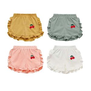 Shorts Toddler Baby Girl Ruffled Shorts Cherry broderi Elastic midja barn korta byxor för sommaren H240508