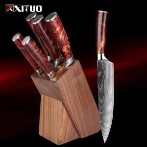 Üst düzey mutfak bıçağı seti, şef bıçağı, ekmek bıçağı, kemik bıçağı, meyve bıçağı, masif ahşap bıçak tutucu reçine tutamağı içerir