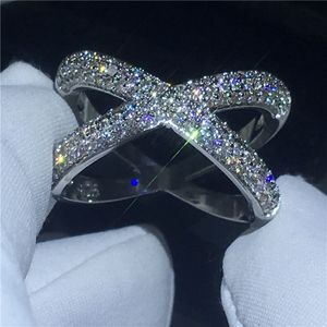 Vecalon Cross X Ring Silver Color Pave Impostazione Zircone CZ Crystal Engagement Anelli per matrimoni per donne gioielli con le dita 2793