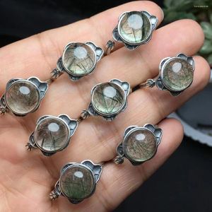 Küme halkaları 1 PC Fengbaowu Doğal Taş Yeşil Rutilated Kuvars Yüzük Yuvarlak Cabochon 925 STERLING Gümüş Moda Takı Kadınlar Erkekler