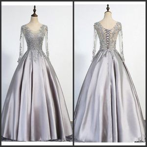 Elegant Plus Size Silver Evening Dresses Long 2020 New Long Sleeves Scoop Lace Up Floor Length Appliques Beading Real Picture Prom Gown 268u