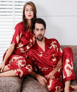 Pijama de seda de cetim de cetim impressão Dragão chinês de 2 peças de pijamas com shortsleeeved casal de casal de casal use manga curta