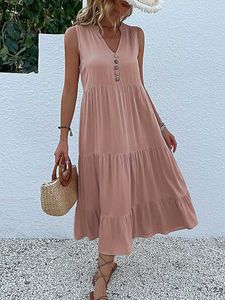 Grundläggande avslappnade klänningar Jim Nora Casual Summer Midi Dress Womens ärmlös Tank Top V-Neck-knapp Ruffled Loose Dress Beach Solid Sundress Fashion XW