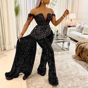 2021 Black Sequined Evening Dresses Jumpsuit Satin Bow Back with Detachable Skirt New Formal Dress Sweetheart Neck Floor Length Prom Dr 282L