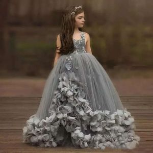 Принцесса серая цветочная девушка платья для бального платья ручной кусочки девчонка.