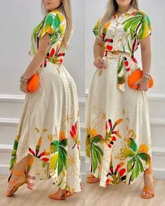 Vestido de duas peças Tropical Print Saia Mulher 2024 Verão Novo moda Bohemian estilo casual elegante botão para baixo saia de saia superior