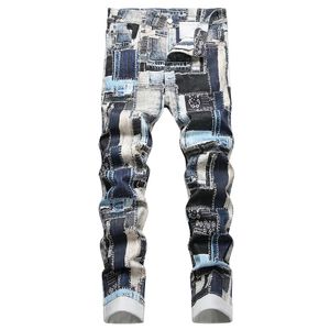 Men Patches Print Stretch Jeans Fashion Colored Painted Denim Pants Slim Straight Trousers 240507