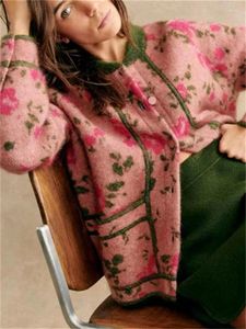 Kvinnors stickor rosa jacquard stickad cardigan mohair ull blandar vintage stativ krage kvinnlig enkel bröst tröja 2024 vår