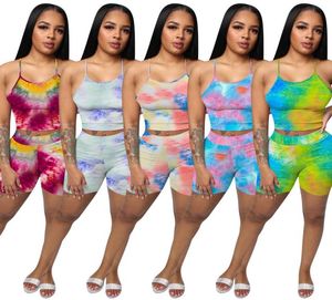 Designer Summer Outfits Women Two Piece Shorts Set Tie Dye Printed Sling Sports Suit Sexig Female Summer Clothing Rainbow 85613676552