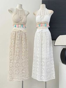 Two Piece Dress Boho Beach Womens Two Peice Sets Crochet Hollow Out Halter Neck Backless Tops+irregular Tassel Lace-up Skirts Set Dropshipping Y240508