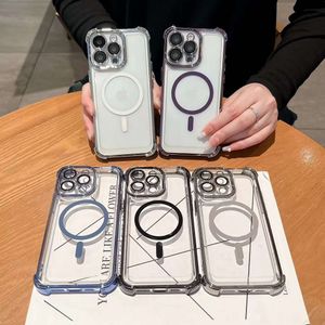 新しいレンズフィルムを備えたiPhone 15 Promax電話ケースiPhone 14電気めっきエアバッグ13透明な磁気吸引