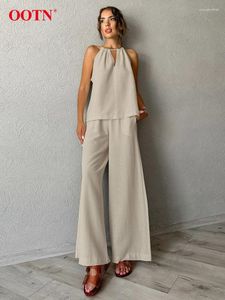 Kvinnors tvåbitar byxor Sommaren Khaki Loose Linen passar Kvinnor Casual Pink Halter Tops Vacation High midjebrett ben 2 stycken Kvinna