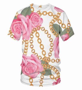 MEN039S Tshirts Funko Moda Altın Zincirle Büyük Pembe Çiçek 3D Baskı Tişört Menwomen Kısa Kollu Tshirt Erkek Kız Cl1028204