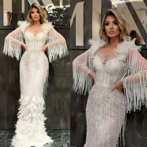 Luxury Evening Dresses For Women Jewel Neck Long Sleeves Gowns Feather Tassel Sequins Dress For Prom Party Custom Made