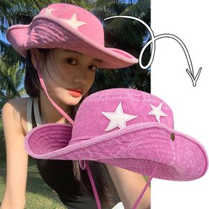 Donne punk star rosa cappello da cowboy occidentale pieghevole y2k estate in denim cappelli da escursionismo all'aperto cappello da pescatore con cappello di protezione solare 240507