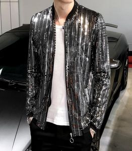 Sequined Bomber Jacket Men Shiny Sequins Long Sleeve Glitter Zipper Coat Hip Hop2312360