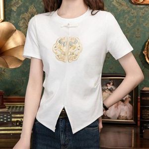 Women's T Shirts Summer Elegant Fashion Retro Knitting Chinese Style Clothes Office Lady Embroidery Print V Neck Short Sleeve