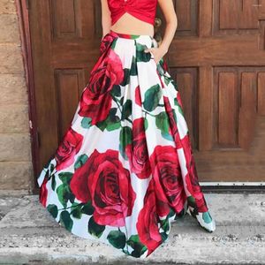 Saias Bohemian Floral Print Maxi Skirt High Party Party Beach Pocket Plocked for Women Elegant Plus Size Loose