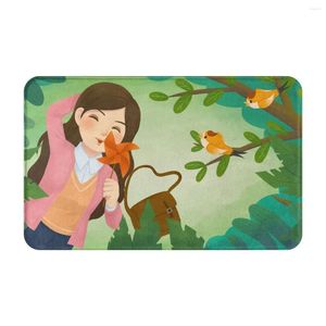 Carpets Girl In The Forest Cute Cartoon Doormat Rug Carpet Mat Footpad Bath Polyester Absorbent Balcony Toilet Washable Durable