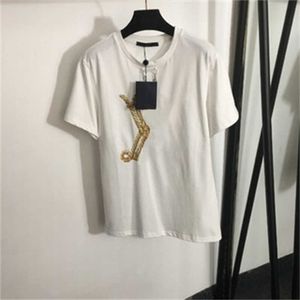 Tasarımcı Giysileri Kadın Tshirt Yaz Tişörtlü Kadın Giyim Uzun Pamuk Sicim Baskı Zinciri Yuvarlak Boyun Kısa Kollu Tişört Gevşek Tshirts Moda Günlük Toplar