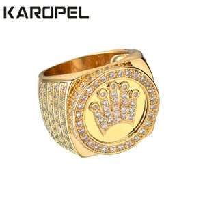 Karopel Hip Hop Bling Takı Kral Kral Taç Babalar Günü Hediyesi Erkekler Bling Bling Micro Pave CZ Altın Renk Zirkon Yüzük C19041203 220G