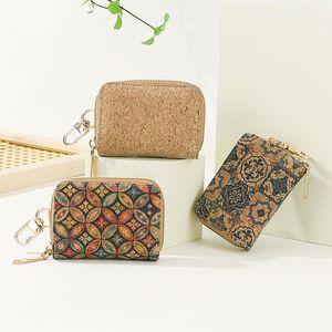 8pcs Key Wallets Cork Leather Retro Solid Geometry Printing Multfunctional Car Card Holder With Keychain