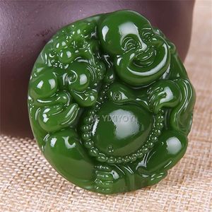 Colares pendentes charme jade verde esculpido chinês rindo buda buda amuleto amule