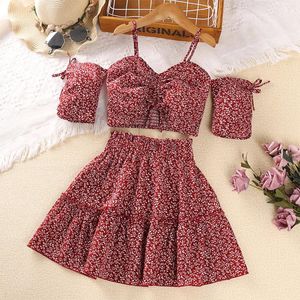 Girl Dresses Kid 2Pcs Skirt Outfit Flower Stampa a manica corta fuori spalla spalla cinguetti con altissima vita A-Line