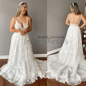 Gatsby Boho Plus Size Wedding Dress 2024 Sexy Spaghetti Straps A Line Fulllace Appliques Beach Bohemian Wedding Gowns Backless Sweep Train Country Bridal Dress