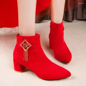 Сапоги Red Women 2024 Мода короткие густые каблуки свадебные свадебные туфли плюшевые хлопок