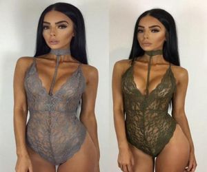 2019 Kvinnor Hög Elestic Sexy Halter Bodysuit Semi Sheer Party Overall Summer Female Night Gown Lace Rompers Slim Bandage Short JU5186751