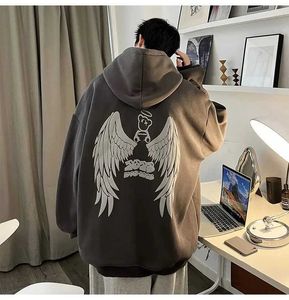 Erkek Hoodies Sweatshirts Sonbahar Kış Strtwear Y2K Erkekler Hoodies Angel Wings Baskılı Büyük Boyutlu Günlük Kapüşonlu Sweatshirts Erkek Moda UNISEX TÜKLER T240507