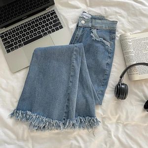 Jeans feminino Tassel Burr 2024 Verão All-Match Alta Cantura High Slim Pants Jeans Coreanos Vintage Chiques de Flado