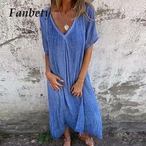 Partykleider 2024 Lady Casual Holiday Beach Roben Chic Lose Baumwolle Leinen V-Ausschnitt Falten Kleid Frauen Modelle Farbe Kurzärmele