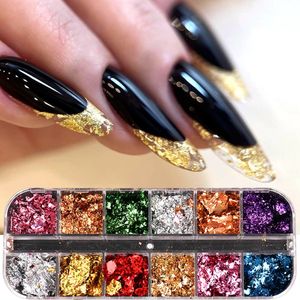 12 GRIDS Holographische Goldfolien Nagelflocken Splendor Blatthandwerk unregelmäßige Aluminium Paillette DIY Polish Dekoration Glitter Lys45 240509