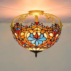 Ceiling Lights 40cm Tiffany Style Love Beads Decorated Stained Glass Round Lamp Led Retro