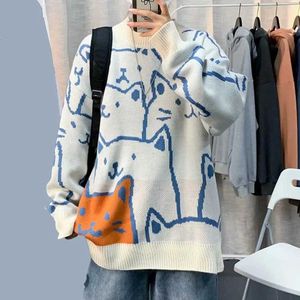 Herrenpullover Herren Polyester Pullover Japanisch Retro Harajuku Cartoon Katze gestrickter Pullover übergroß