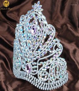 Klipsy do włosów Barrettes Wspaniałe Miss Pageant Duże tiary i korony Pink Ab Rhinestones Crystal Full Diadem Wedding Bridal Headba4649575